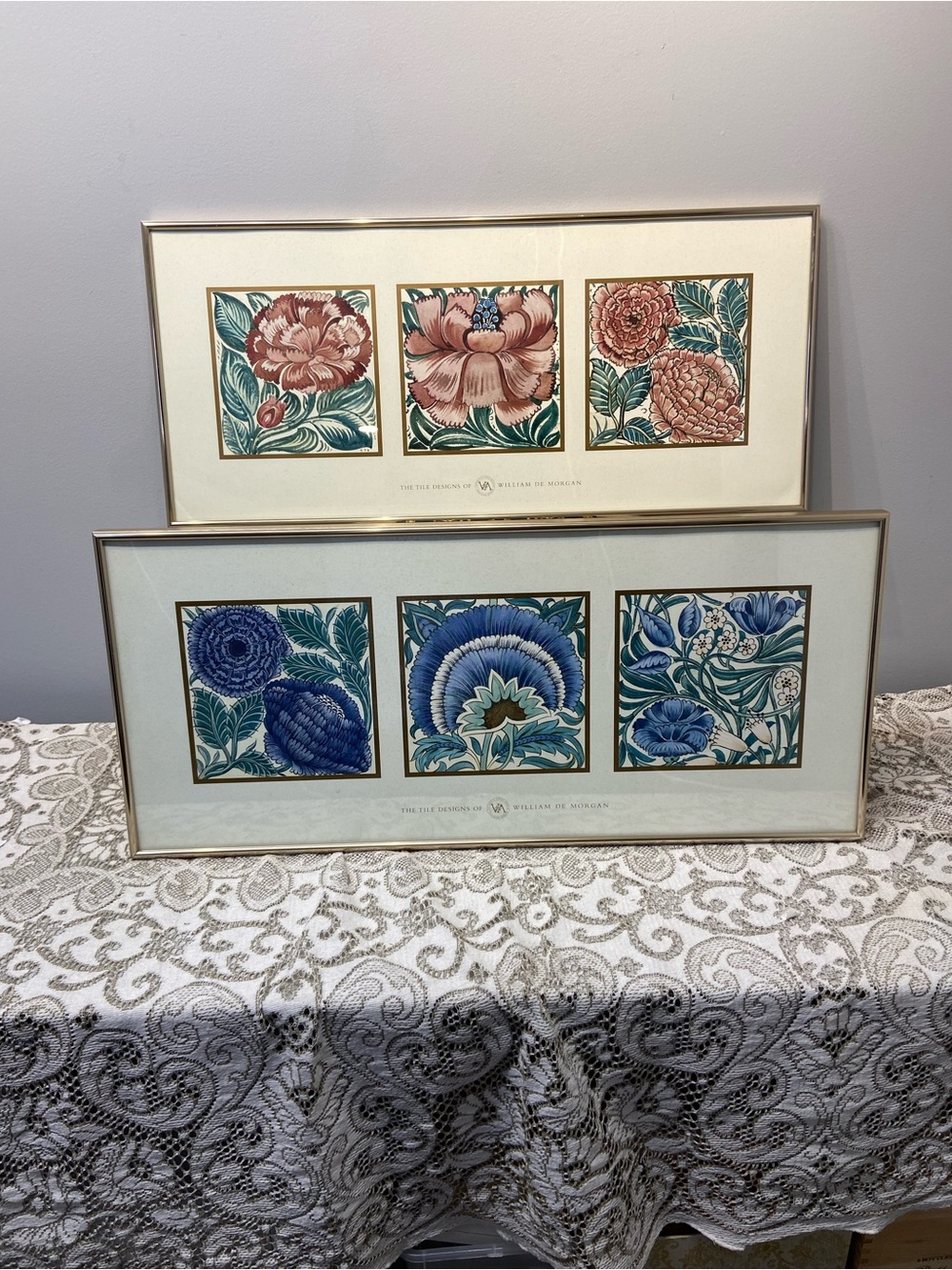 Pair of Professionally Framed Art Prints of Floral Tile Designs
